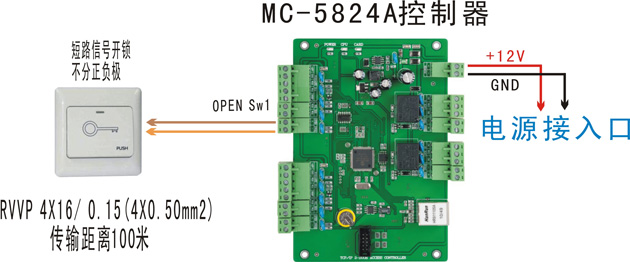 雙門門禁控制器與出門開關(guān)的接線圖