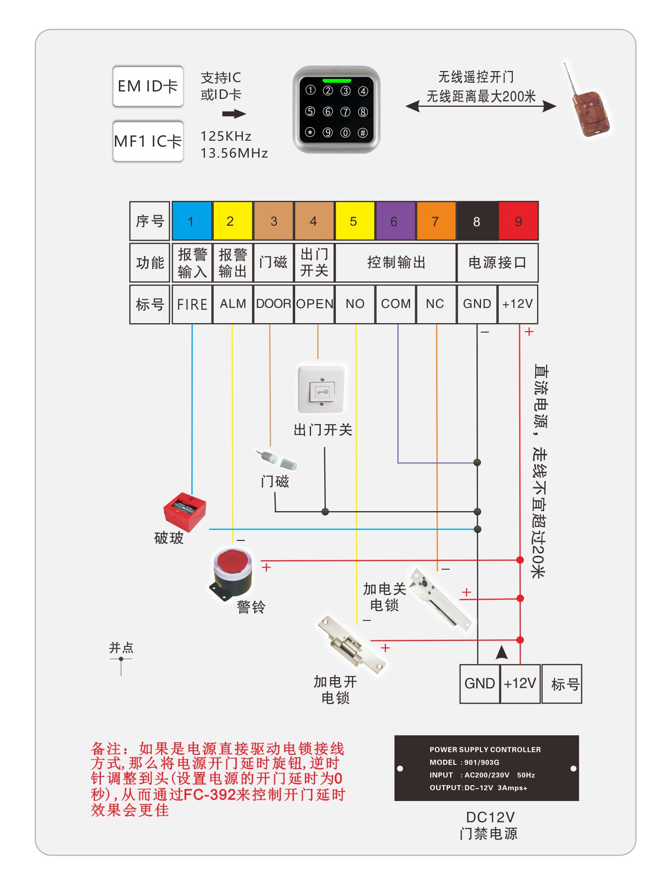 按鍵門禁一體機的接線圖